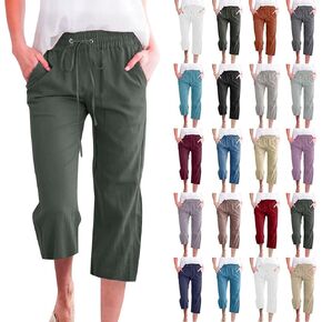 Capris Pants for Women 2025 Cotton Linen Sweatpants Casual Summer Straight Wide Leg Loose Drawstring Elastic Trouser in Saudi Arabia