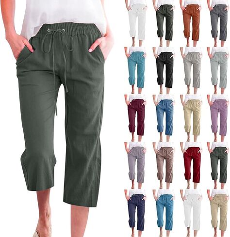 Capris Pants for Women 2025 Cotton Linen Sweatpants Casual Summer Straight Wide Leg Loose Drawstring Elastic Trouser in Saudi Arabia