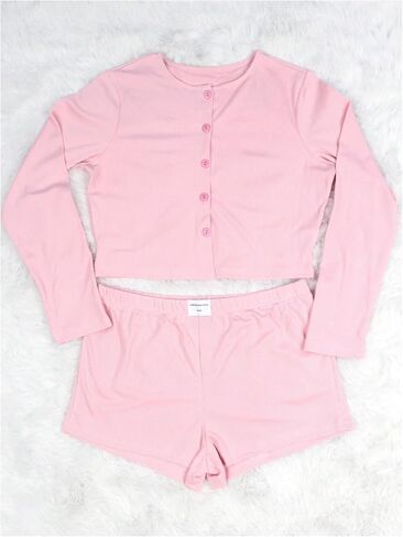 Milumia Women's 2 Piece Lounge Pajama Sets Button Down Long Sleeve Ribbed Knit Crop Top Shorts Pj Sets in Saudi Arabia
