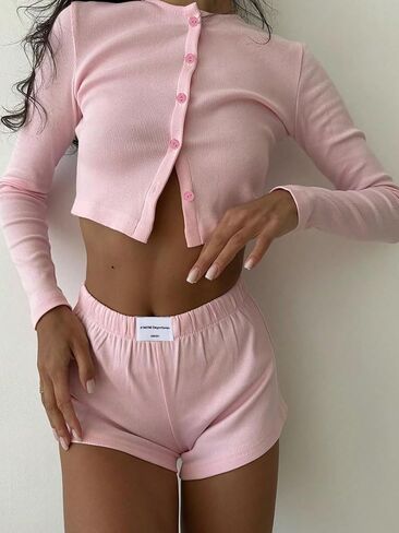 Milumia Women's 2 Piece Lounge Pajama Sets Button Down Long Sleeve Ribbed Knit Crop Top Shorts Pj Sets in Saudi Arabia