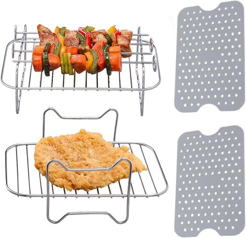 Dual Zone Air Fryer Accessories, 2pcs Air Fryer Rack with 2pcs Reusable Silicone Air Fryer Liners Compatible with Ninja Foodi Air Fryer DZ201, DZ401,4pcs Double Basket Air Fryer Accessories in Saudi Arabia