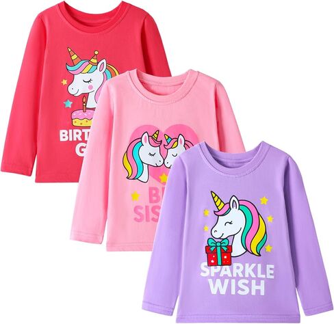 HILEELANG Toddler Girl Long Sleeve Shirt Graphic Cotton Casual Crewneck Tops, Fall Winter Layering Tees 3 Pack,2–7 Years in Saudi Arabia