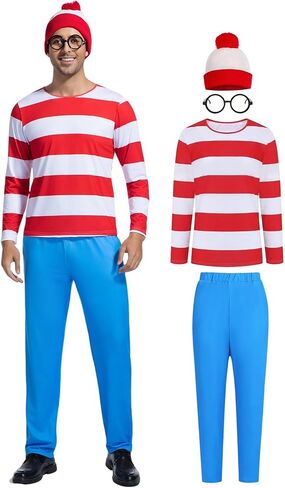 4 Pcs Red and White Striped Shirt with Glasses Hat Pants for Adult Men Women Halloween Costume Cosplay Outfit in Saudi Arabia