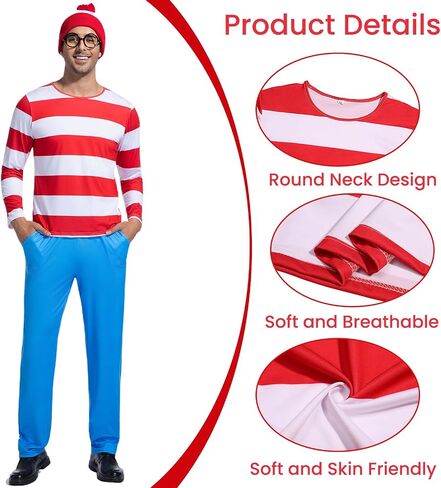 4 Pcs Red and White Striped Shirt with Glasses Hat Pants for Adult Men Women Halloween Costume Cosplay Outfit in Saudi Arabia