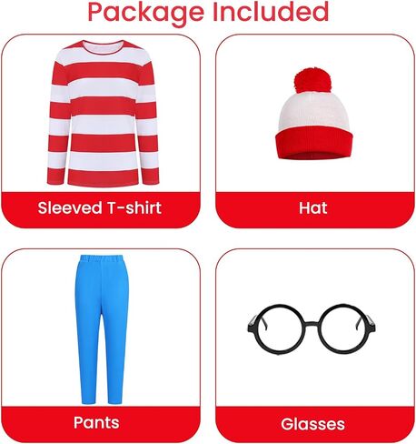 4 Pcs Red and White Striped Shirt with Glasses Hat Pants for Adult Men Women Halloween Costume Cosplay Outfit in Saudi Arabia