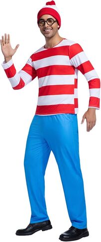 4 Pcs Red and White Striped Shirt with Glasses Hat Pants for Adult Men Women Halloween Costume Cosplay Outfit in Saudi Arabia