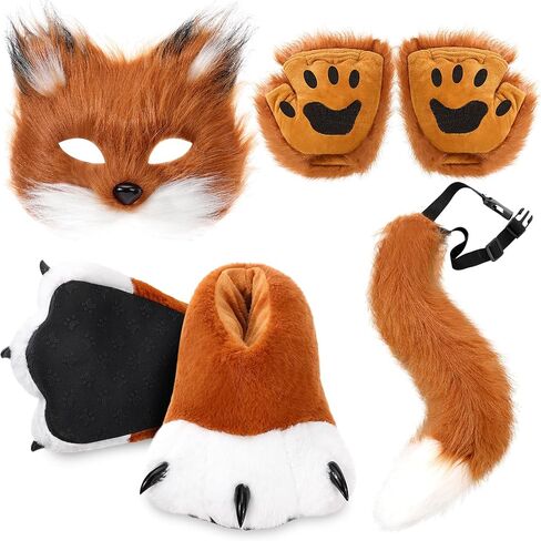 Newcotte 6 Pcs Halloween Faux Fur Fox Costume Set for Adult Women, Plush Wolf Mask Tail Fluffy Paws Gloves Boots for Party in Saudi Arabia
