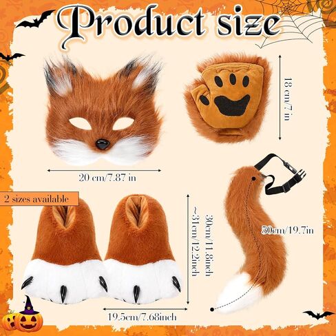 Newcotte 6 Pcs Halloween Faux Fur Fox Costume Set for Adult Women, Plush Wolf Mask Tail Fluffy Paws Gloves Boots for Party in Saudi Arabia