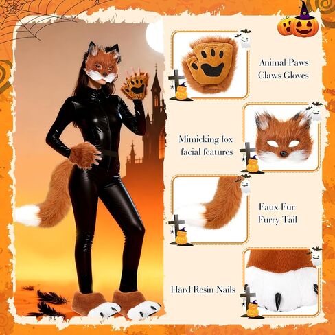 Newcotte 6 Pcs Halloween Faux Fur Fox Costume Set for Adult Women, Plush Wolf Mask Tail Fluffy Paws Gloves Boots for Party in Saudi Arabia