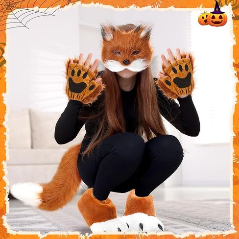 Newcotte 6 Pcs Halloween Faux Fur Fox Costume Set for Adult Women, Plush Wolf Mask Tail Fluffy Paws Gloves Boots for Party in Saudi Arabia