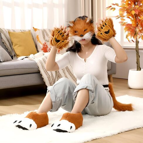 Newcotte 6 Pcs Halloween Faux Fur Fox Costume Set for Adult Women, Plush Wolf Mask Tail Fluffy Paws Gloves Boots for Party in Saudi Arabia