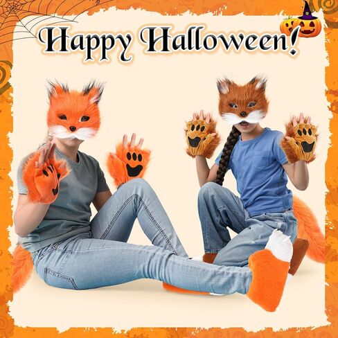 Newcotte 6 Pcs Halloween Faux Fur Fox Costume Set for Adult Women, Plush Wolf Mask Tail Fluffy Paws Gloves Boots for Party in Saudi Arabia