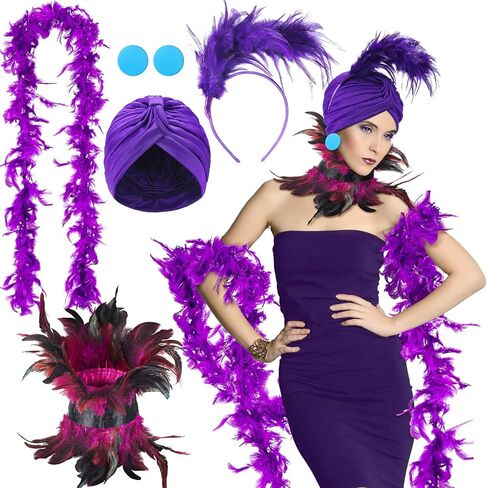 Newcotte 5 Pcs Villain Costume for Women Purple Feather Blue Collar Button Earrings Elastic Hat Feather Headband Halter Scarf Halloween Costume in Saudi Arabia