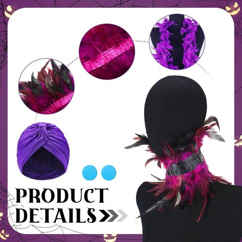 Newcotte 5 Pcs Villain Costume for Women Purple Feather Blue Collar Button Earrings Elastic Hat Feather Headband Halter Scarf Halloween Costume in Saudi Arabia