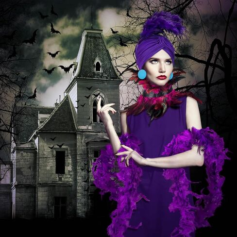 Newcotte 5 Pcs Villain Costume for Women Purple Feather Blue Collar Button Earrings Elastic Hat Feather Headband Halter Scarf Halloween Costume in Saudi Arabia