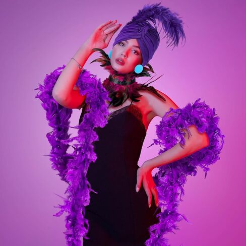 Newcotte 5 Pcs Villain Costume for Women Purple Feather Blue Collar Button Earrings Elastic Hat Feather Headband Halter Scarf Halloween Costume in Saudi Arabia