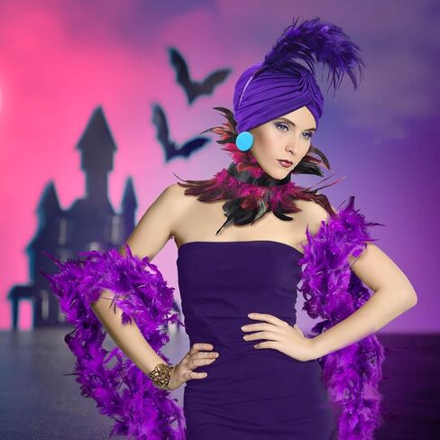 Newcotte 5 Pcs Villain Costume for Women Purple Feather Blue Collar Button Earrings Elastic Hat Feather Headband Halter Scarf Halloween Costume in Saudi Arabia