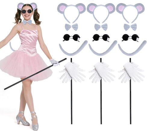 choyaxo 18 Pcs Mouse Costume Accessories Set Incluidng Mouse Ear Headband Tail Bow Tie Blind Cane Sunglasses Gloves for Men Women Halloween Party Dress Up Grey in Saudi Arabia