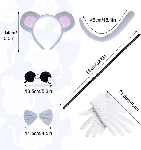 choyaxo 18 Pcs Mouse Costume Accessories Set Incluidng Mouse Ear Headband Tail Bow Tie Blind Cane Sunglasses Gloves for Men Women Halloween Party Dress Up Grey in Saudi Arabia