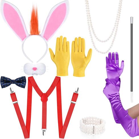 مجموعة إكسسوارات زي أرنب الهالوين مكونة من 11 قطعة تتضمن عصابة رأس على شكل أرنب وقناع الأنف وربطة عنق وربطة عنق صفراء وأرجوانية وقفازات قابلة للتعديل وقلادة من اللؤلؤ وسوار وحامل بلاستيكي للبالغين in Kuwait