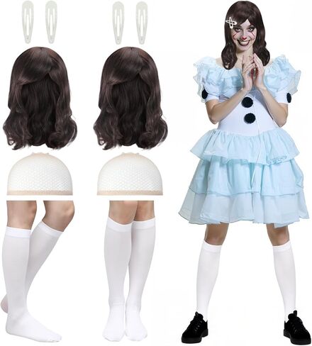 2 حزمة من ملابس الهالوين التنكرية المزدوجة تتضمن 2 شعر مستعار و2 شبكة شعر و4 مشابك شعر وزوجين من الجوارب زي الهالوين للفتيات في حفلات أعياد الميلاد وإكسسوارات الأداء in Kuwait