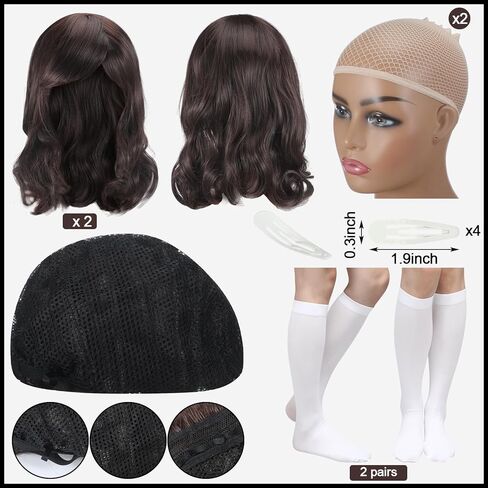 2 حزمة من ملابس الهالوين التنكرية المزدوجة تتضمن 2 شعر مستعار و2 شبكة شعر و4 مشابك شعر وزوجين من الجوارب زي الهالوين للفتيات في حفلات أعياد الميلاد وإكسسوارات الأداء in Kuwait