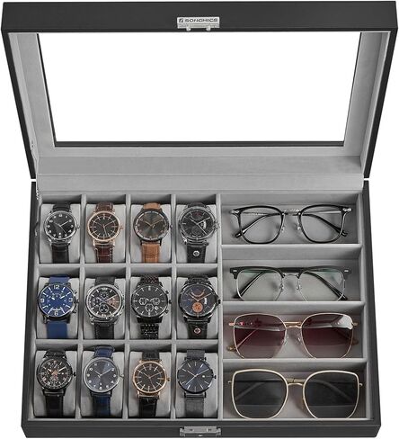 مجموعة SONGMICS HOME RONNE - صندوق ساعة ذو 9 فتحات، حافظة عرض عمودية للساعة مع نوافذ زجاجية، حاملات ساعات قابلة للتعديل، جلد PU منسوج، تأثير عائم، فكرة هدية، حبر أسود UJWB026B01 in Kuwait