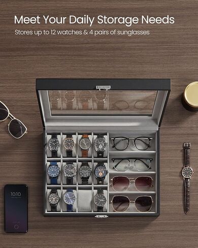 مجموعة SONGMICS HOME RONNE - صندوق ساعة ذو 9 فتحات، حافظة عرض عمودية للساعة مع نوافذ زجاجية، حاملات ساعات قابلة للتعديل، جلد PU منسوج، تأثير عائم، فكرة هدية، حبر أسود UJWB026B01 in Kuwait