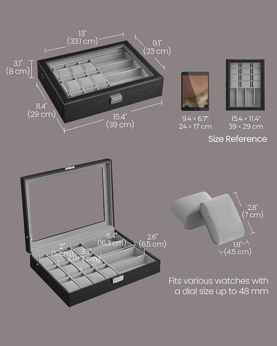 مجموعة SONGMICS HOME RONNE - صندوق ساعة ذو 9 فتحات، حافظة عرض عمودية للساعة مع نوافذ زجاجية، حاملات ساعات قابلة للتعديل، جلد PU منسوج، تأثير عائم، فكرة هدية، حبر أسود UJWB026B01 in Kuwait