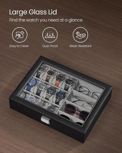 مجموعة SONGMICS HOME RONNE - صندوق ساعة ذو 9 فتحات، حافظة عرض عمودية للساعة مع نوافذ زجاجية، حاملات ساعات قابلة للتعديل، جلد PU منسوج، تأثير عائم، فكرة هدية، حبر أسود UJWB026B01 in Kuwait