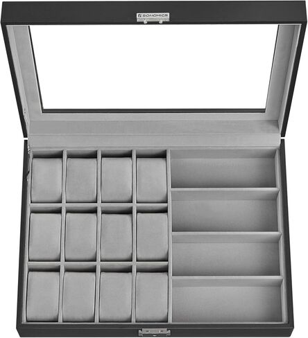 مجموعة SONGMICS HOME RONNE - صندوق ساعة ذو 9 فتحات، حافظة عرض عمودية للساعة مع نوافذ زجاجية، حاملات ساعات قابلة للتعديل، جلد PU منسوج، تأثير عائم، فكرة هدية، حبر أسود UJWB026B01 in Kuwait