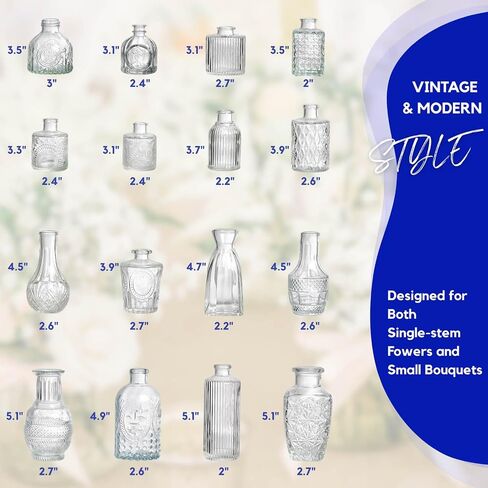 16 Pack Glass Bud Vases for Centerpieces - Bulk Small Flower Vases Set of 16, Mini Vintage Vases, 4 Styles for Party, Wedding Decorations, Baby Shower, Home Table Flower Décor (Clear) in Saudi Arabia