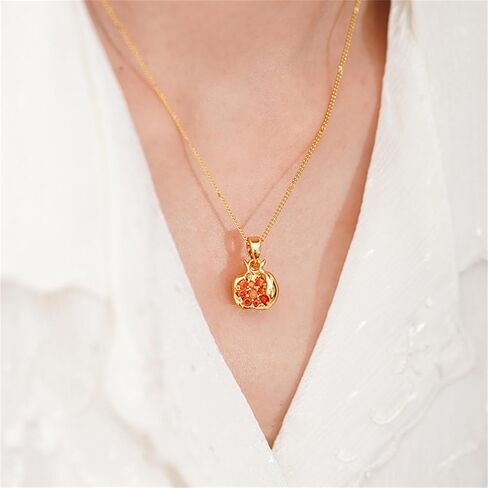 Dreuyet Pomegranate Earrings Necklace Set for Women Dainty 18k Gold Plated Premium CZ Inlay Red Pomegranate Huggie Hoop Earrings and Necklace Charm Fruit Personalized Birthday Jewelry in Saudi Arabia