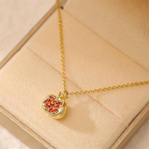 Dreuyet Pomegranate Earrings Necklace Set for Women Dainty 18k Gold Plated Premium CZ Inlay Red Pomegranate Huggie Hoop Earrings and Necklace Charm Fruit Personalized Birthday Jewelry in Saudi Arabia