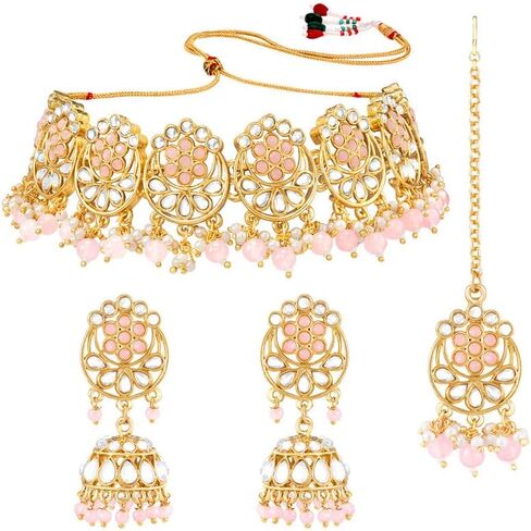 Aheli Traditional Gold Plated Kundan Choker Necklace Jhumki Earring & Maang Tikka Ethnic Jewelry Set Gift for Women in Saudi Arabia