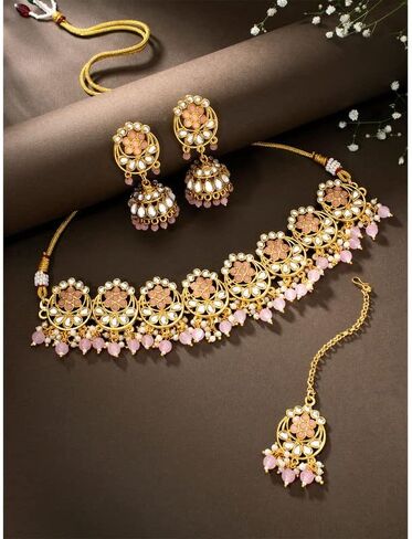Aheli Traditional Gold Plated Kundan Choker Necklace Jhumki Earring & Maang Tikka Ethnic Jewelry Set Gift for Women in Saudi Arabia