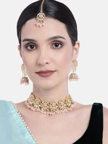 Aheli Traditional Gold Plated Kundan Choker Necklace Jhumki Earring & Maang Tikka Ethnic Jewelry Set Gift for Women in Saudi Arabia