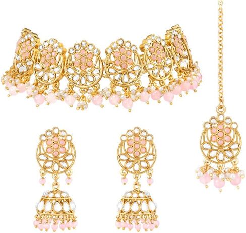Aheli Traditional Gold Plated Kundan Choker Necklace Jhumki Earring & Maang Tikka Ethnic Jewelry Set Gift for Women in Saudi Arabia