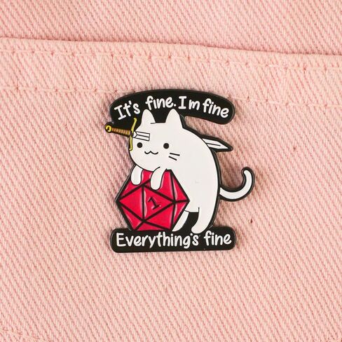 It’s Fine I’m Fine Everything’s Fine Sarcastic Cat Meme Pin Brooch, Natural 1 Critical Fail Enamel Pin, Gift For Sassy Anxious Cat Mom Dnd Player, Stressed But Cute Lapel Badge, Anxiety Humor Brooches, D20 Dice Decorative Jewelry Accessories in Saudi Arabia
