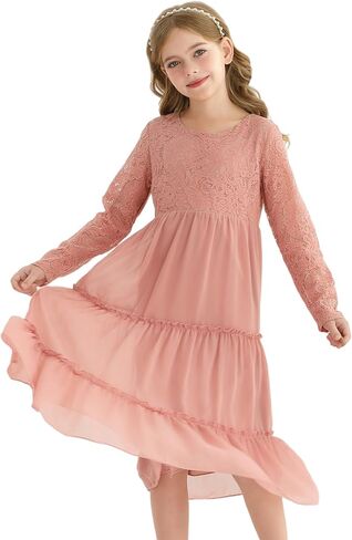 Girls Dresses Elegant Long Sleeve Lace Dress Kid Girl Clothes Size 5-11 Years in Saudi Arabia