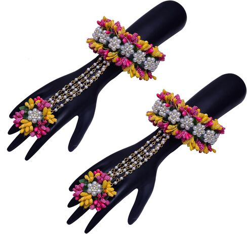 Artificial Yellow & Pink Floral Jewelry Set | Necklace Earrings Maang Tikka Bracelet and Ring | for Women Haldi Mehndi Wedding & Festive Wear Jewelry in Saudi Arabia