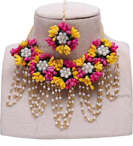 Artificial Yellow & Pink Floral Jewelry Set | Necklace Earrings Maang Tikka Bracelet and Ring | for Women Haldi Mehndi Wedding & Festive Wear Jewelry in Saudi Arabia