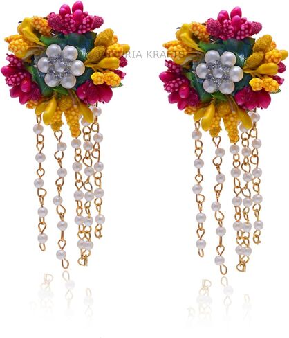Artificial Yellow & Pink Floral Jewelry Set | Necklace Earrings Maang Tikka Bracelet and Ring | for Women Haldi Mehndi Wedding & Festive Wear Jewelry in Saudi Arabia