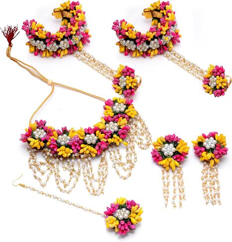 Artificial Yellow & Pink Floral Jewelry Set | Necklace Earrings Maang Tikka Bracelet and Ring | for Women Haldi Mehndi Wedding & Festive Wear Jewelry in Saudi Arabia