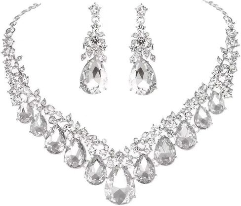 Women's Costume Fashion Crystal Teardrop Crystal Bridal Statement Necklace Dangle Earrings Set in Saudi Arabia