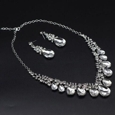 Women's Costume Fashion Crystal Teardrop Crystal Bridal Statement Necklace Dangle Earrings Set in Saudi Arabia