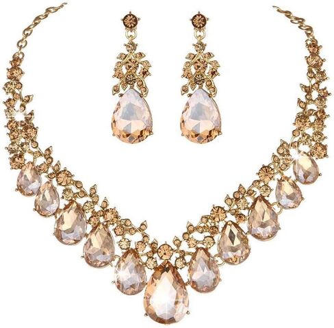 Women's Costume Fashion Crystal Teardrop Crystal Bridal Statement Necklace Dangle Earrings Set in Saudi Arabia