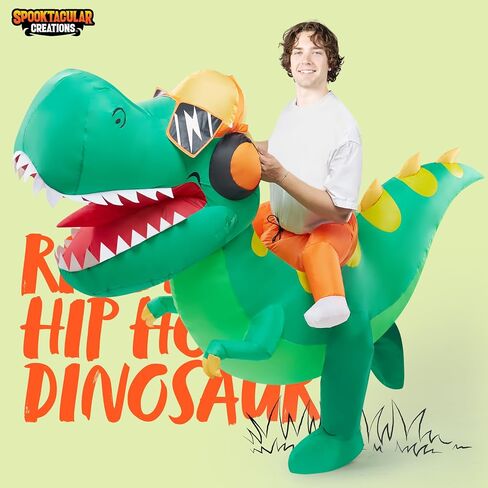 Spooktacular Creations Adult Halloween Inflatable Costume, Riding a Hip-hop Dinosaur Blow-up Costume, Green Inflatable T-rex Deluxe Ride On Halloween Costume for Halloween Cosplay Parties in Saudi Arabia