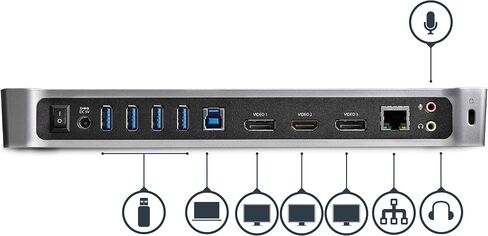 محطة إرساء الكمبيوتر المحمول StarTech.com ذات الشاشة المزدوجة USB 3.0 مع HDMI/DVI/VGA، و3x USB-A Hub، وGbE، وصوت، وقاعدة توصيل عالمية من النوع A لنظام التشغيل Windows/macOS/ChromeOS - متوافق مع TAA (USB3SDOCKHDV) in Kuwait