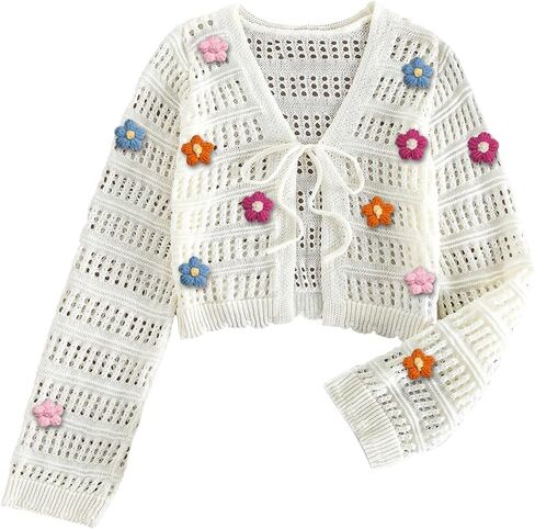 Milumia Women's Y2k Tie Front Sweater Cardigan 3D Flower Crochet Long Sleeve Knitted Crop Tops Going Out in Saudi Arabia